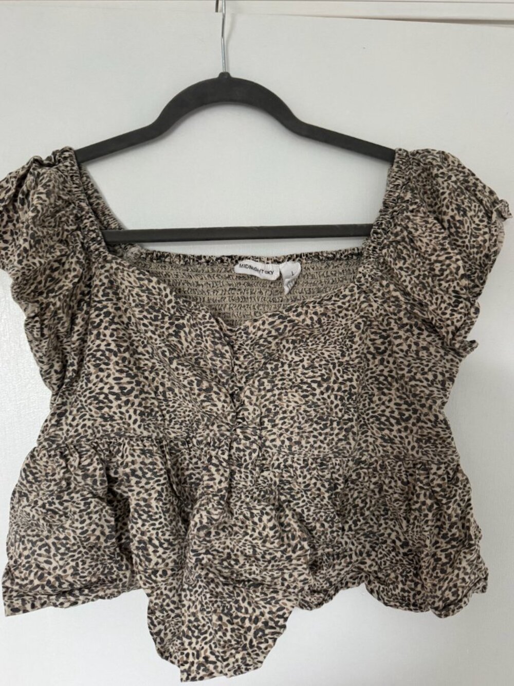 Midnight Sky Leopard Print Smocked Puff Sleeve Top